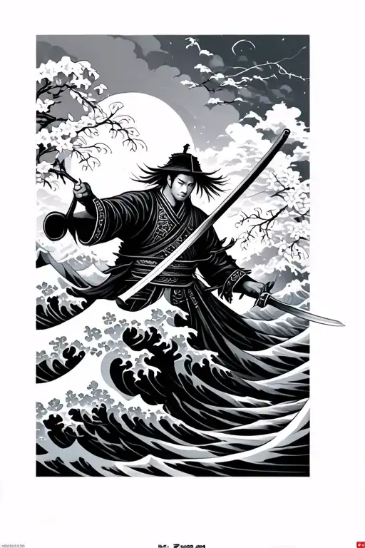 Japanese waves crashing and samurai and cherry blossoms and swords tattoo design idea