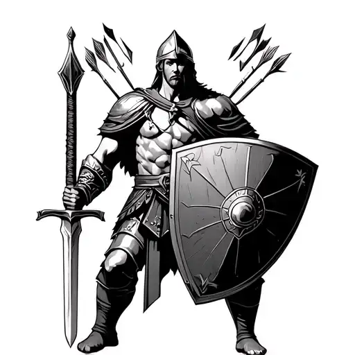 Spartan warrior holding sword and shield with arrows in it tattoo design idea