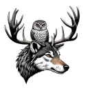 scottish stag head wolf head owl perched on top separate animals tattoo design idea