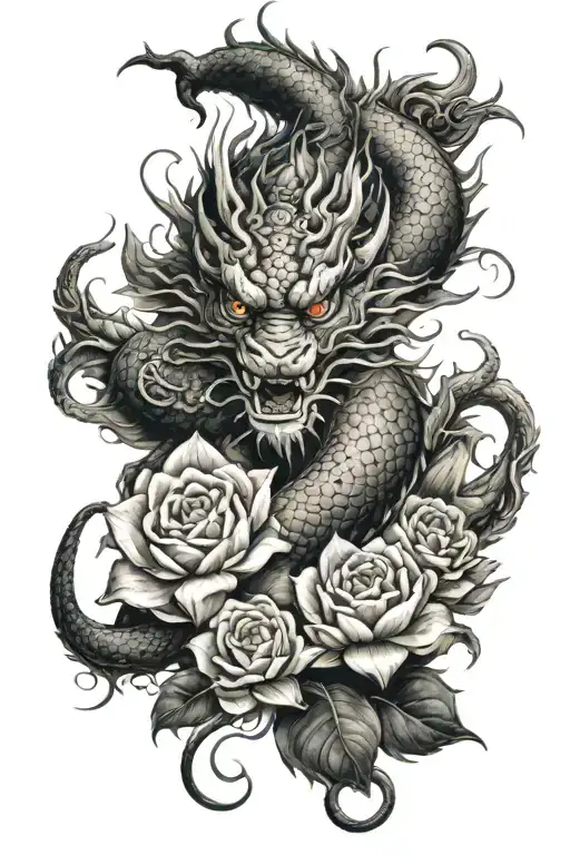 Chinese dragon with Buddhist tiger lotus flowers and roses tattoo design idea
