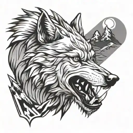 Growling Wolf And Mountains tattoo design idea