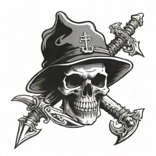skull and Calvary scout hat surrounded by 2 sabre swords gg sword going tattoo design idea