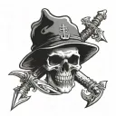 skull and Calvary scout hat surrounded by 2 sabre swords gg sword going tattoo design idea