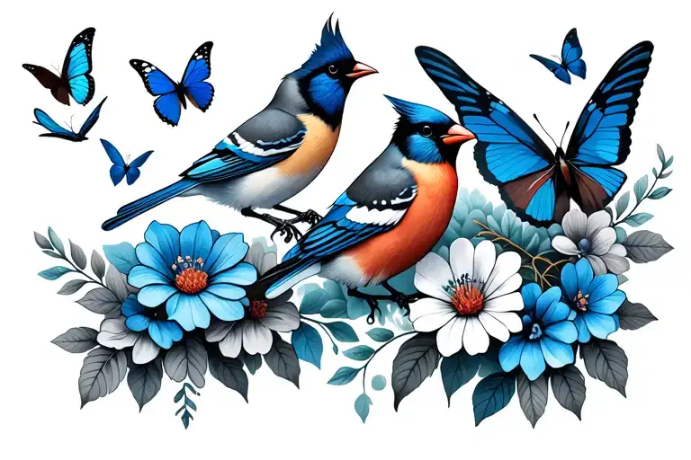 cardinals blue jays butterflies flying around flowers tattoo design idea
