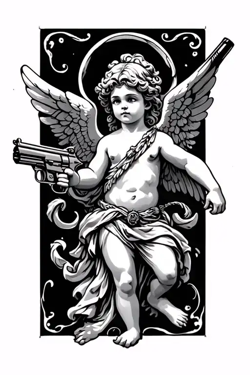 cupid holding a gun tattoo design idea