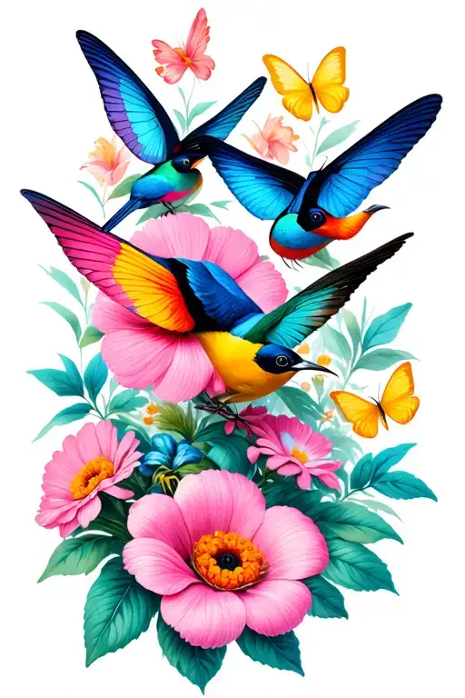 flowers and butter fly birds tattoo design idea