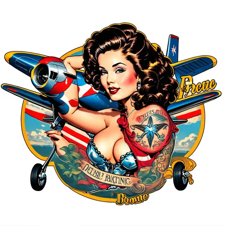 pinup  brunette wife, p 51 mustang plane tattoo design idea