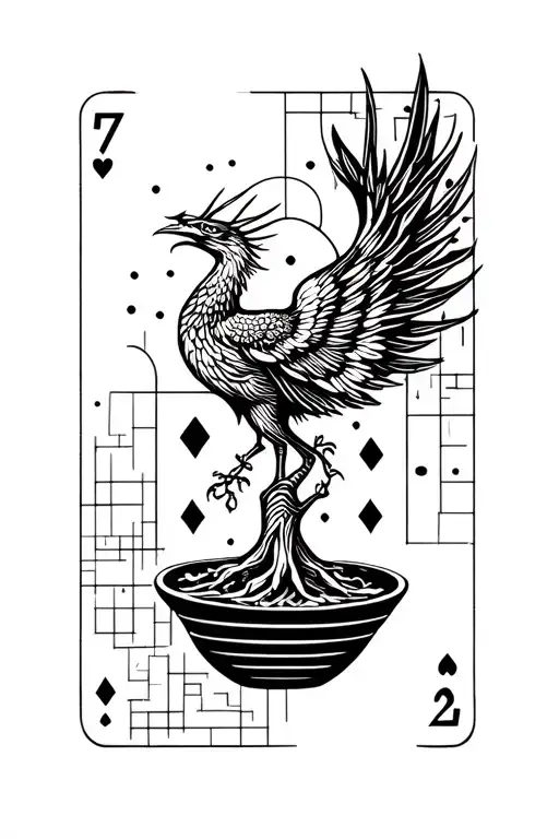 A 7 and 2 cards and a bonsai tree and a phoenix around it and a bunch of random squares and dots (geometric tattoo style tattoo design idea