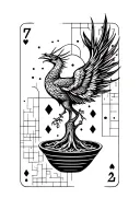 A 7 and 2 cards and a bonsai tree and a phoenix around it and a bunch of random squares and dots (geometric tattoo style tattoo design idea
