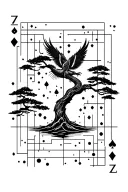 A 7 and 2 cards and a bonsai tree and a phoenix around it and a bunch of random squares and dots (geometric tattoo style tattoo design idea