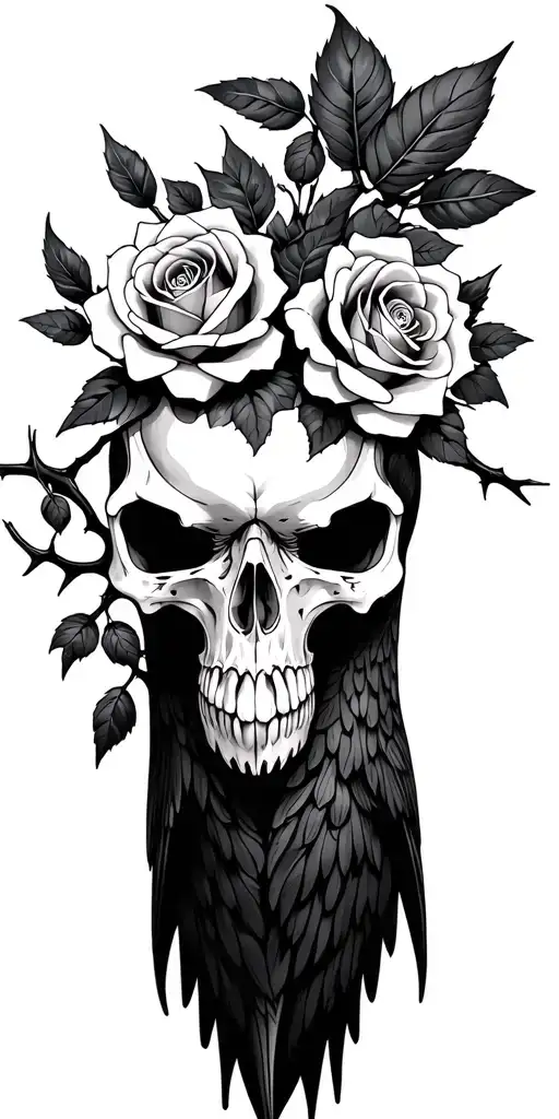 crow skull surrounded by roses and thorns tattoo design idea