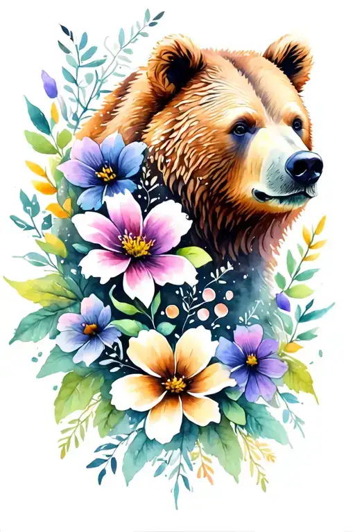 bear  nightfall flowers tattoo design idea