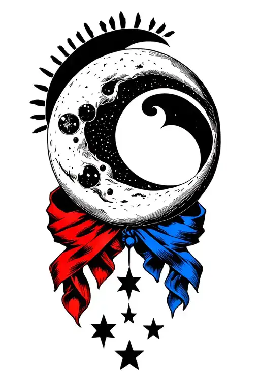  Incorporate a moon, 2 scarves one red one blue intertwined, halo above the moon, and a 3 stars beneath it  tattoo design idea