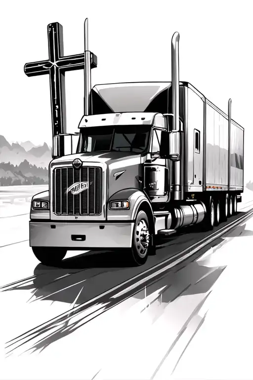 road leading towards 3 crosses with a 18 wheeler driving on the road tattoo design idea