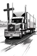 road leading towards 3 crosses with a 18 wheeler driving on the road tattoo design idea