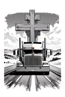 road leading towards 3 crosses with a 18 wheeler driving on the road tattoo design idea