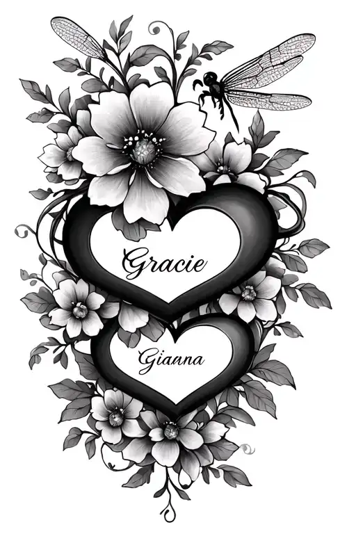 hearts with names Gracie Gabby and Gianna flowers vines and dragonfly tattoo design idea