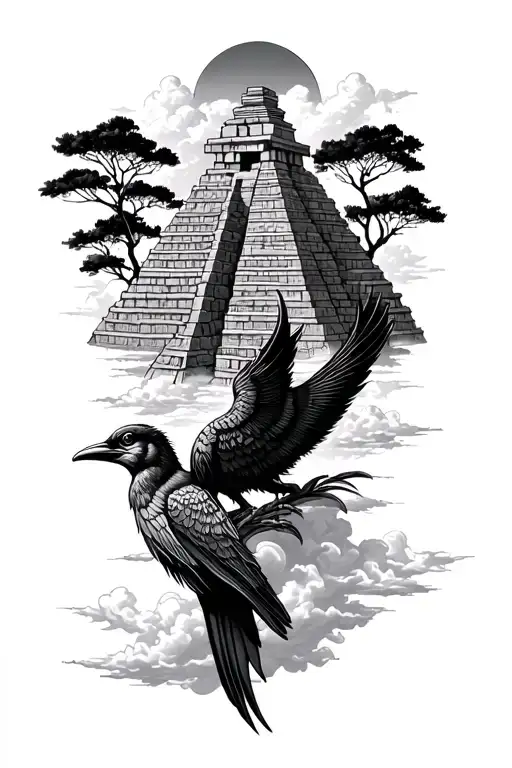Mayan Pyramid And Quetzal Bird With Trees And Clouds  tattoo design idea