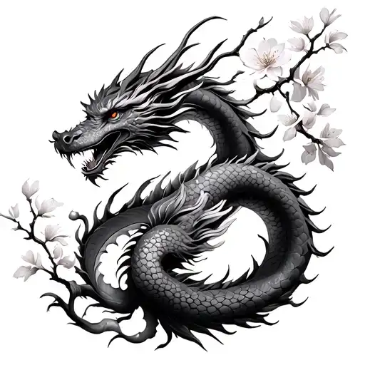 cherry blossom tree around dragon wrapped tattoo design idea