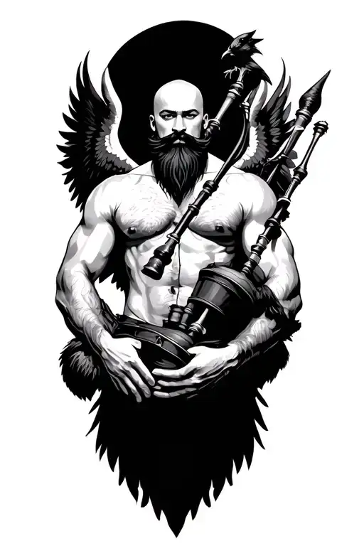  bald black beard shirtless large bagpipes black wings on back crows dark brown tattoo design idea