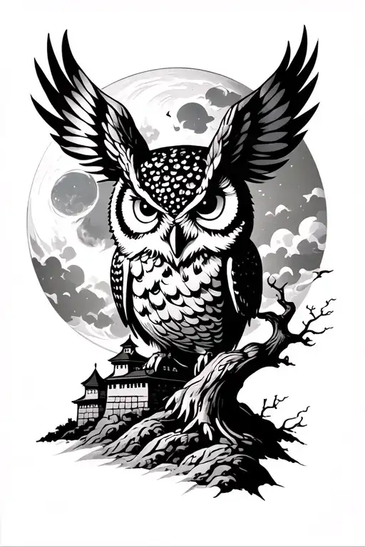I want a tattoo showing a strong owl, the hemiji castle, the moon, and the last standing tree during Hiroshima bombing tattoo design idea