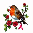 Robin sitting on branch surrounded by a lot of red roses with a cancer ribbon hanging off the end of the branch  tattoo design idea