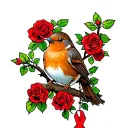 Robin sitting on branch surrounded by a lot of red roses with a cancer ribbon hanging off the end of the branch  tattoo design idea