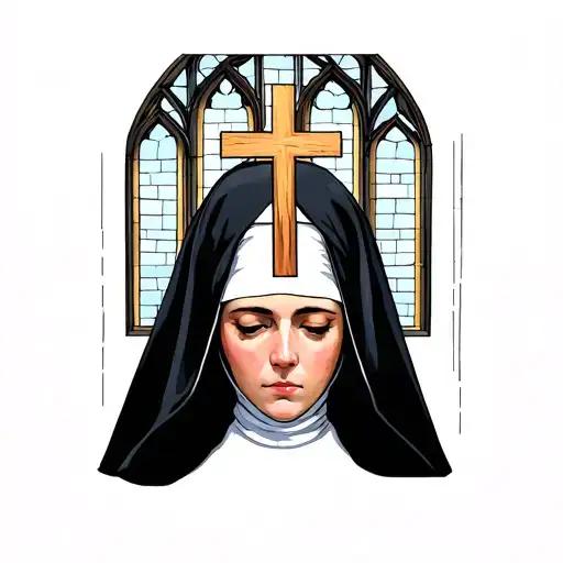 an upside down cross going through the head of a nun with church windows in the background tattoo design idea