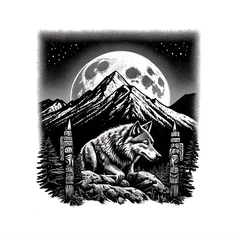 Mountain with full moon in the background that incorporates blackfoot native totem poles and a wolf tattoo design idea