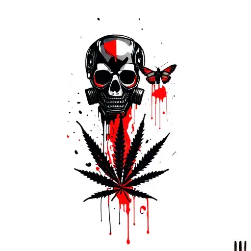 A robot skull with a gas mask,in the background a marijuana leaf, and a moth integrated into tattoo design idea