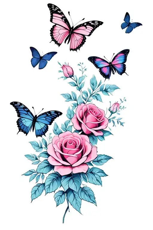 butterflies and roses blooming tattoo design idea