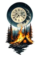 Camp site, fire, forest, clock face moon tattoo design idea
