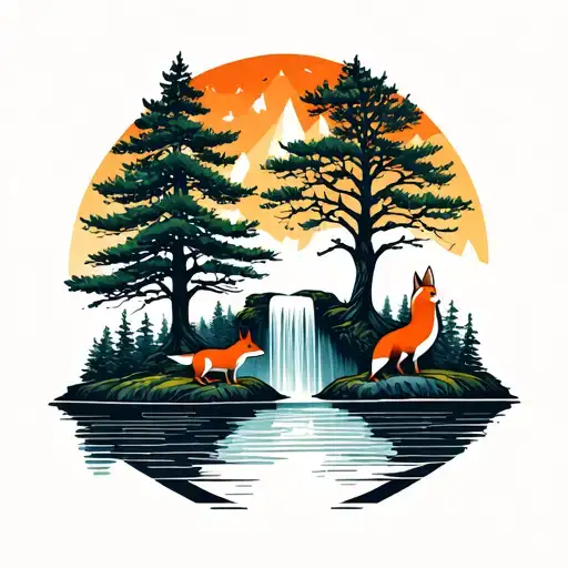 Rowan tree with wilderness around it small fox in left hand corner with waterfall tattoo design idea