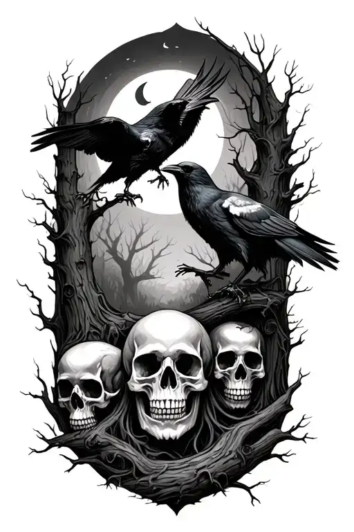 haunted forest with skulls and ravens tattoo design idea
