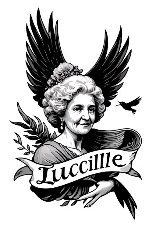 "Lucille " grandma in heaven with bird flying in the sky tattoo design idea
