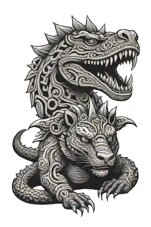 Aztec framed crocodile and panther tattoo design idea