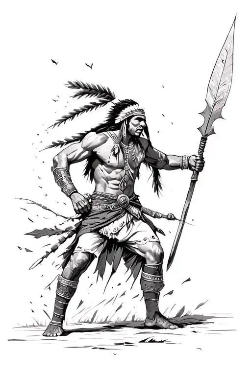 Indian warrior attacking someone outside of the skin with a stone blade, spear point or arrow head coming out at viewer tattoo design idea