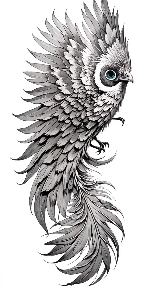 Phoenix, bird wings spread peacock feather tail tattoo design idea
