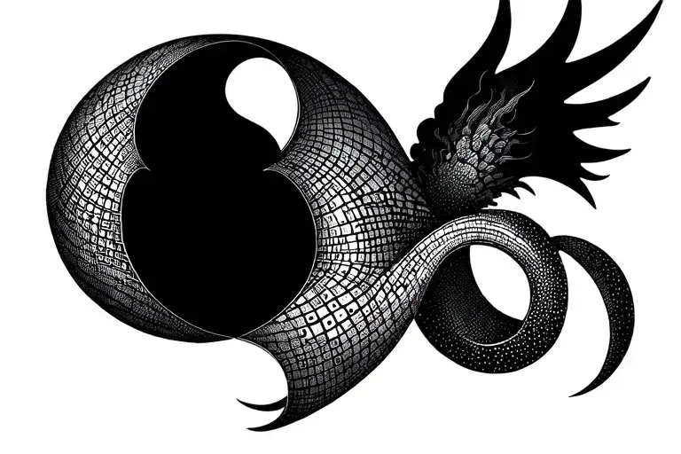 Left chest asymmetric abstract tattoo, core elements are Klein bottle outline + C-shaped quantum node + Mobius ring hour hand, hiding 0102 binary Morse code and 0201 nano braille. Gothic style characters tattoo design idea