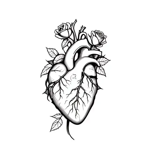 anatomical heart with roses intertwined tattoo design idea