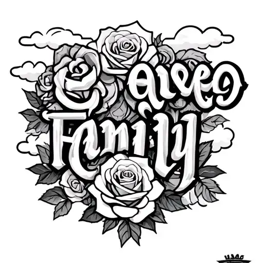 word family with roses and clouds gangsta tattoo design idea
