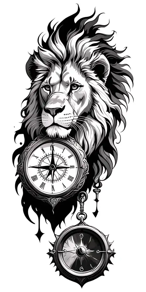Lion with compass with clock tattoo design idea