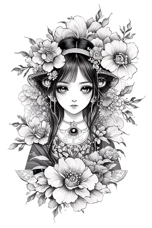 Create a Japanese style tattoo design that combines traditional elements with a unique detail - the eyes of your beloved girl. In the center tattoo design idea
