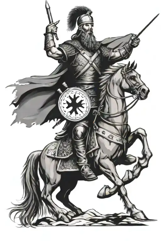 Skanderbeg and his army with the Albanian flag and country  tattoo design idea