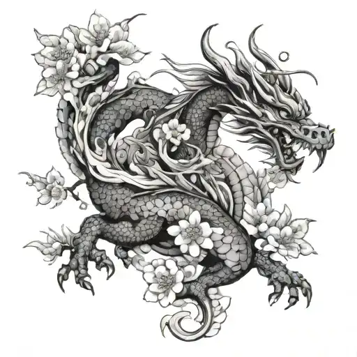 dragon/ cherry blossom tree/ samurai / 2 more dragons tattoo design idea