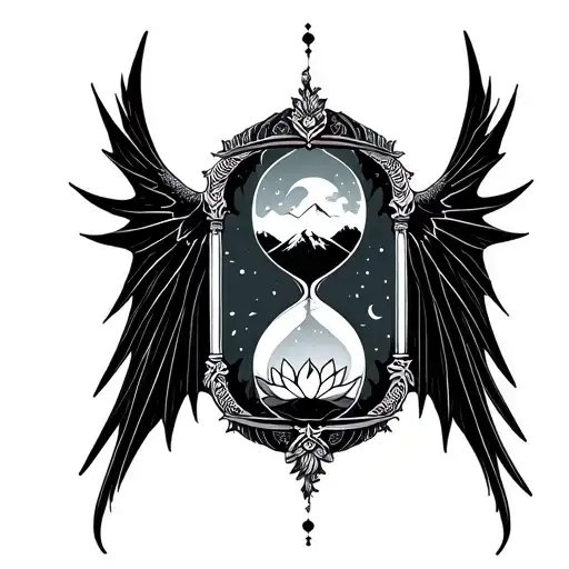 Hourglass with dragon wings extended from each side. Place also crescent moon with lotus flower and a mountain tattoo design idea