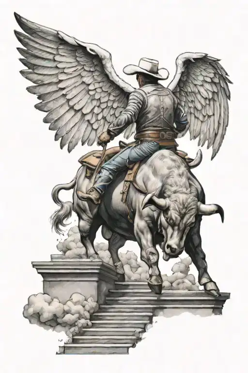 a bull rider with angel wings walking up on stairs to heaven with his back turned tattoo design idea