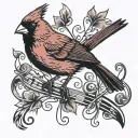 Cardinal bird and music notes intertwined tattoo design idea