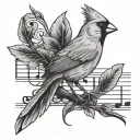 Cardinal bird and music notes intertwined tattoo design idea