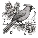 Cardinal bird and music notes intertwined tattoo design idea